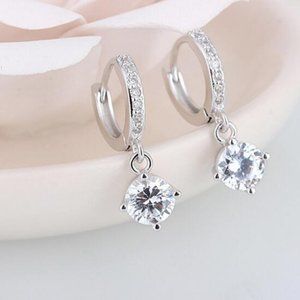 *NEW Solitaire Diamond Drop Silver Hoop Earrings